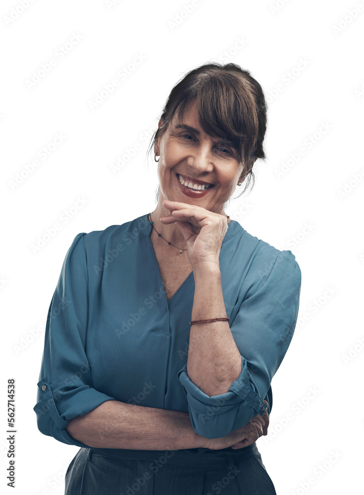 A senior woman posing with her hand on her chin  Isolated on a PNG background.