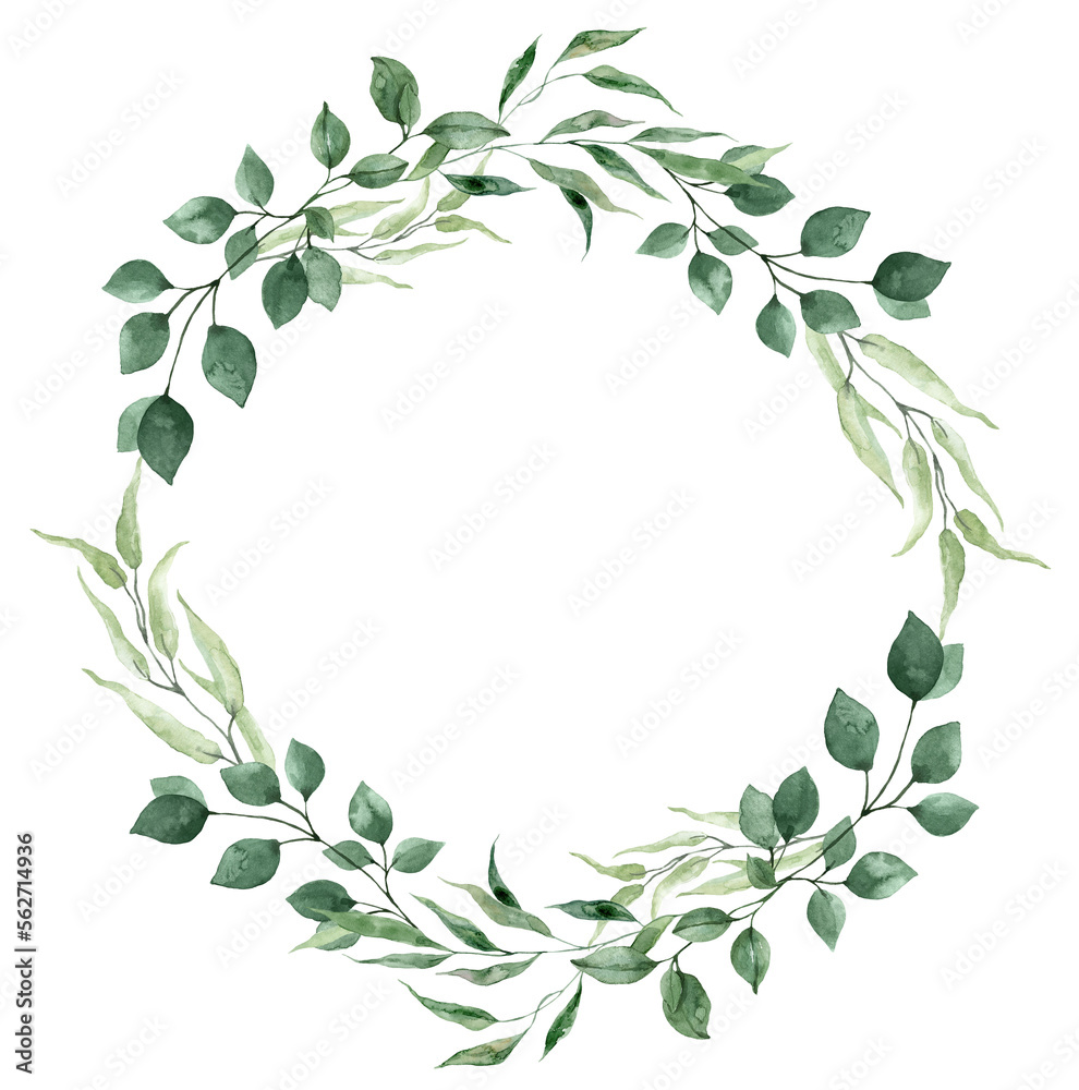 Round leaf frame. Watercolor floral wreath made of green foliage and branches. Hand-painted illustration. PNG clipart with transparent background.
