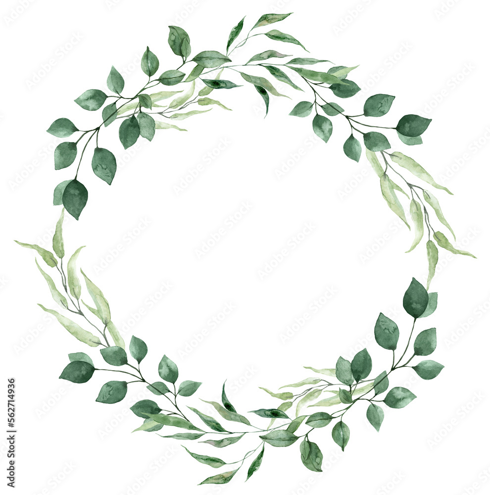 Naklejka premium Round leaf frame. Watercolor floral wreath made of green foliage and branches. Hand-painted illustration. PNG clipart with transparent background.