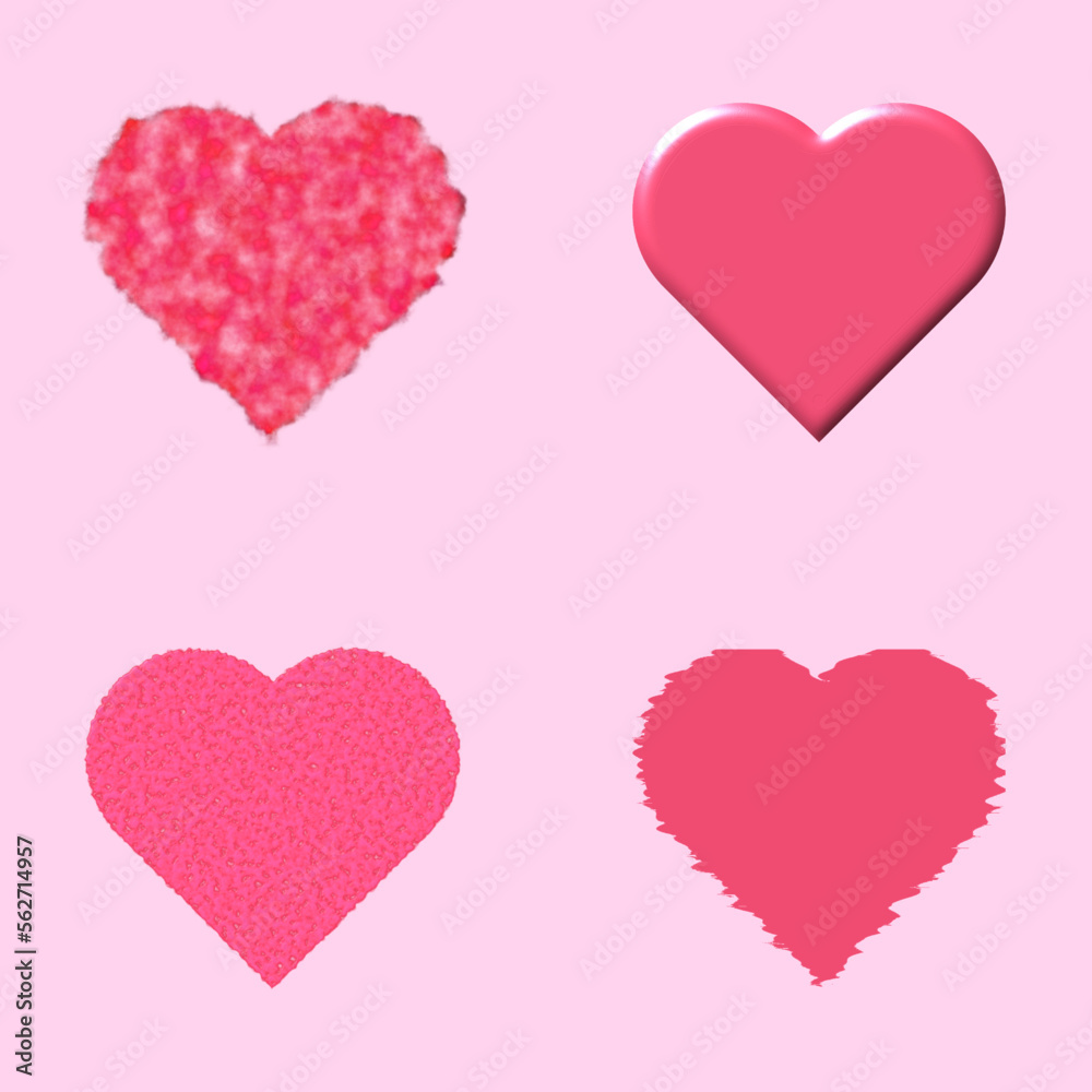 A set of four pink vector graphic hearts with different effects applied all on a pink background. In celebration of St Valentine's day on February the fourteenth