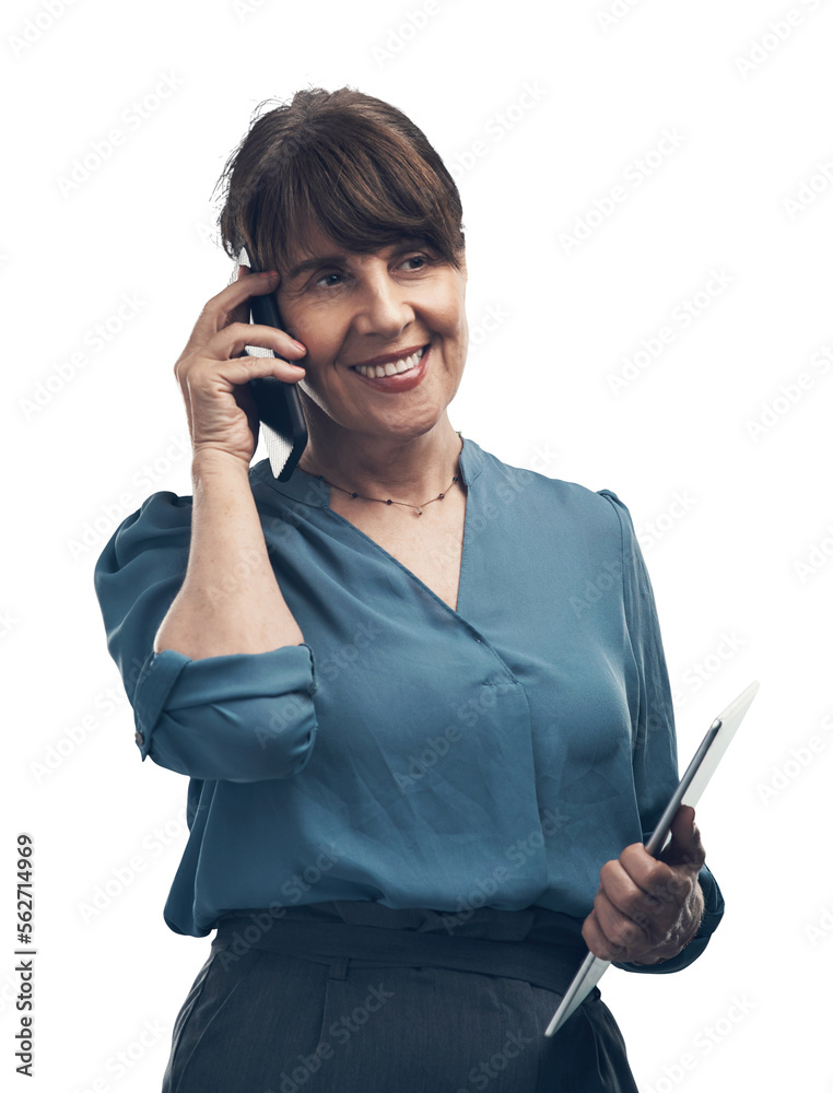 A senior woman talking on a cellphone while holding a digital tablet Isolated on a PNG background. A senior woman talking on a cellphone while holding a digital tablet Isolated on a PNG background.