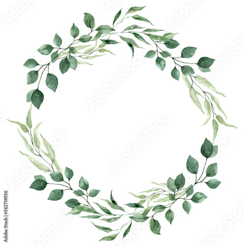 Round leaf frame. Watercolor floral wreath made of green foliage and branches. Hand-painted illustration. PNG clipart with transparent background.