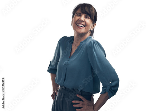 Fototapet A senior woman standing with her hands on her hips Isolated on a PNG background