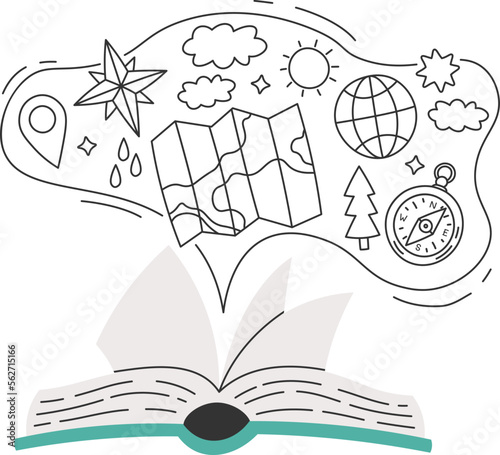 Open geographical lesson book with flying elements flat icon