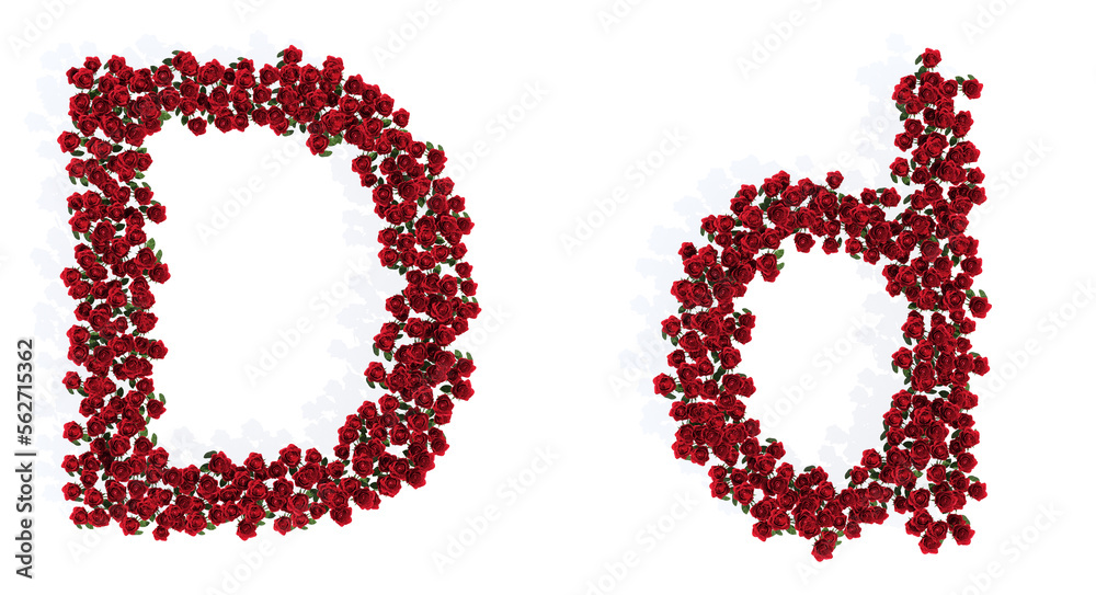 Concept or conceptual set of beautiful blooming red roses bouquets forming the font D. 3d illustration metaphor for education, design and decoration, romance and love, nature, spring or summer. Concept or conceptual set of beautiful blooming red roses bouquets forming the font D. 3d illustration metaphor for education, design and decoration, romance and love, nature, spring or summer.