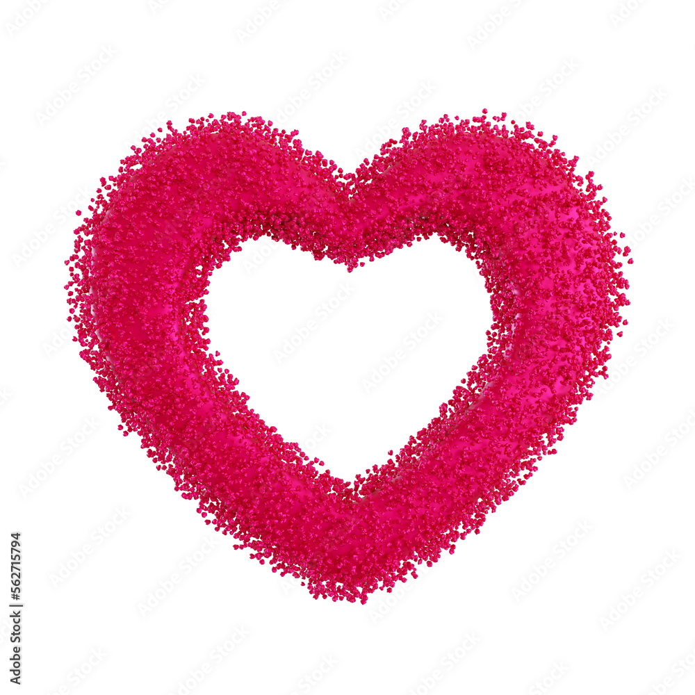 Pink heart with small glitter particles, on transparent background. Valentine's Day. Cut out design element. 3D rendering.