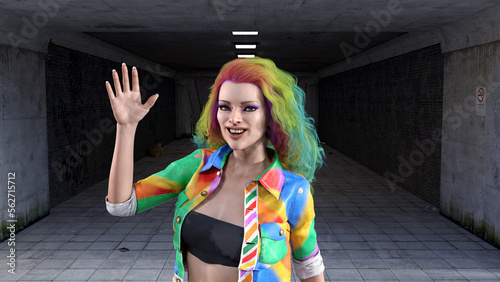Illustration of a woman wearing rainbow color clothing looking forward and waving in front of a city subway tunnel.