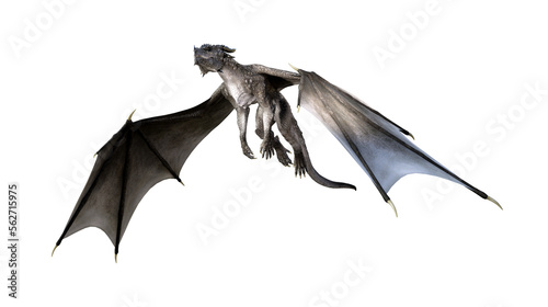 Illustration of a gray dragon with spread wings flying upward isolated on a white background.