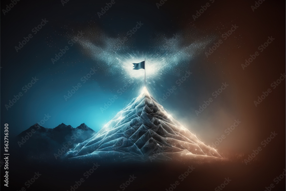 Route to success concept with glowing flag on mountain top, Generative AI illustration