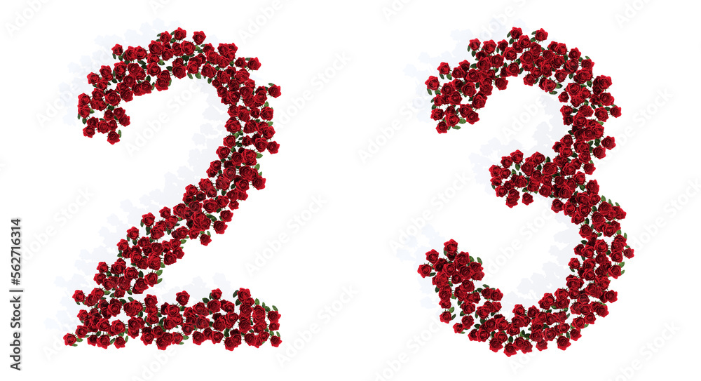Concept conceptual set of beautiful blooming red roses bouquets forming the fonts 2 and 3. 3d illustration metaphor for education, design and decoration, romance and love, nature, spring or summer. Concept conceptual set of beautiful blooming red roses bouquets forming the fonts 2 and 3. 3d illustration metaphor for education, design and decoration, romance and love, nature, spring or summer.