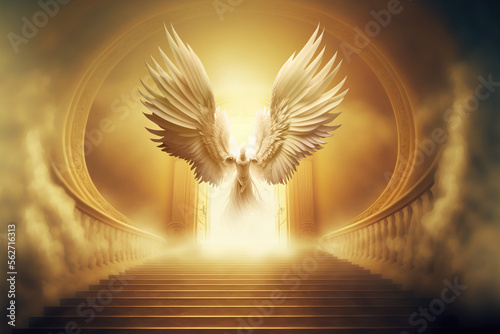 Fototapete Majestic angel guarding the gate of Heaven, Generative AI illustration
