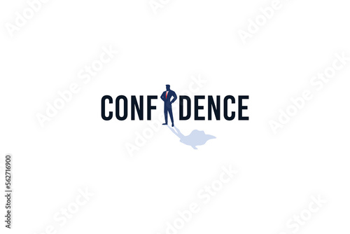 confidence logo with a combination of confidence lettering, a businessman standing as the letter i, and superhero shadow.