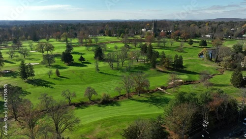 Winter view on sunny day of golf course greens. Aerial view over fairways photo