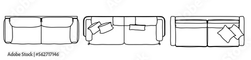 Concept or conceptual set or collection of loveseat couches from different perspectives on white. Vector as a metahor for architecture and interior design, modern style, home and business