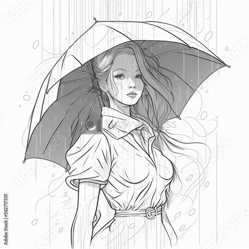anime style woman, it's raining