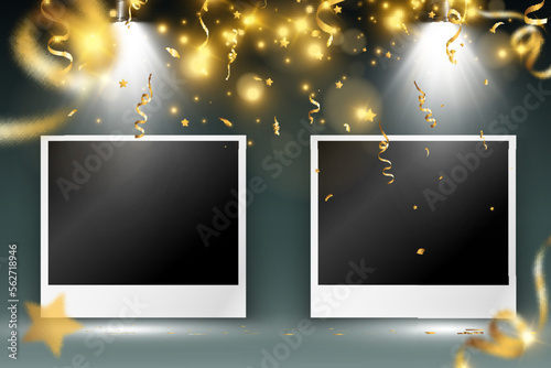 Congratulatory photo frame with shiny gold dust and light effects.	

