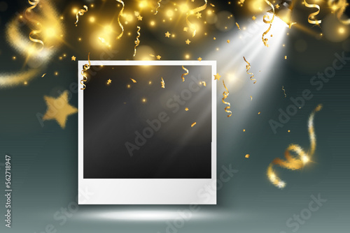 Congratulatory photo frame with shiny gold dust and light effects.	


