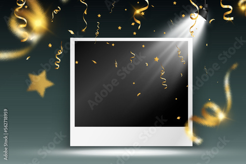 Congratulatory photo frame with shiny gold dust and light effects.	

