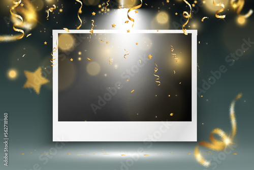 Congratulatory photo frame with shiny gold dust and light effects.	

