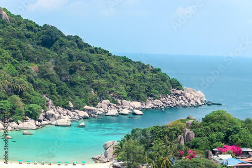 Beautiful white sand beach with green mountain and crystal clear waterblue sea, tropical ocean nature scenes with summer beach looking for Koh Nang Yuan island viewpoint, Surat Thani, Thailand.