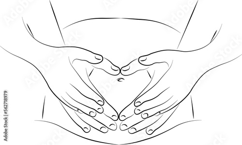 pregnancy concept - couple making heart shape with hands on pregnant belly