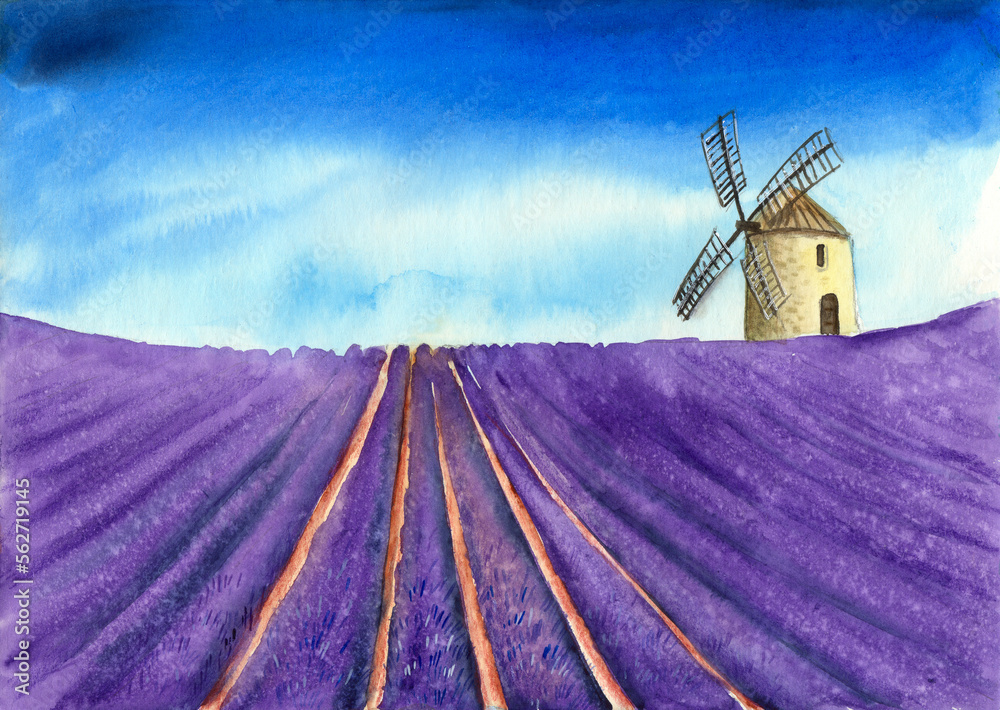 Watercolor illustration of a distant windmill on the horizon on a purple field of blooming lavender under the blue sky