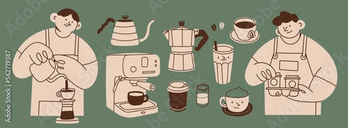 Foto Coffee brewing equipment, Barista in apron