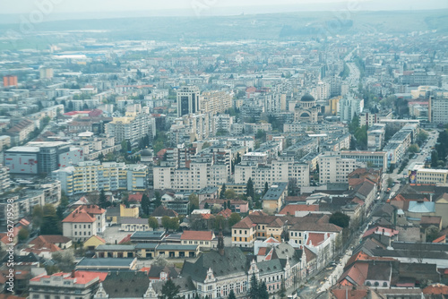 Aerial view from the stairs of Deva fortress in Hunedoara county of Romania in the town on background