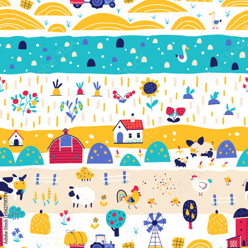 Farm cartoon seamless pattern. Vector funny hand-drawn characters of domestic animals, countryside, houses and sheds with tractor and garden. Trendy doodle style, bright palette.