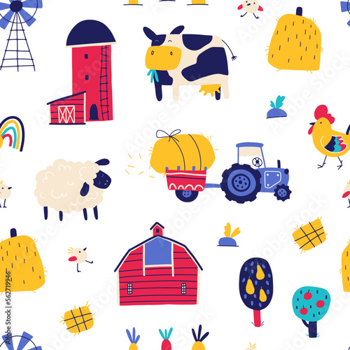 Farm cartoon seamless pattern. Vector funny hand-drawn characters of domestic animals, countryside, houses and sheds with tractor and garden. Trendy doodle style, bright palette.