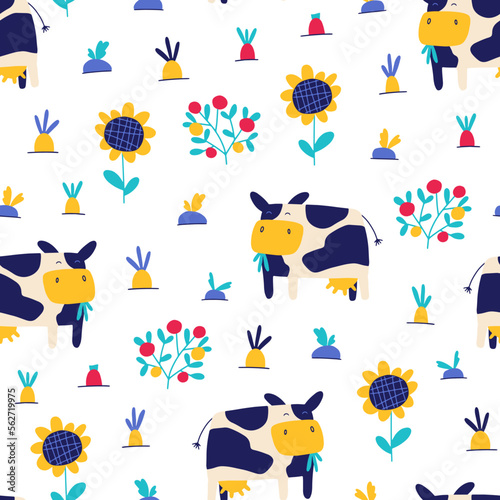 Cow in the garden seamless pattern. Village farm. Vector hand drawn cute characters. Trendy doodle style, bright palette on white background for baby prints.