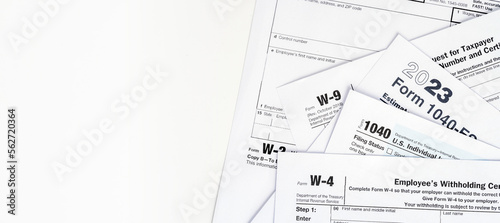 Tax return and filing concept forms 1040, W-2, w-4
