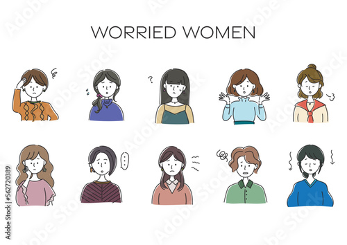 困る、落ち込む、悩む女性のアバター、シンプルなアイコンセット