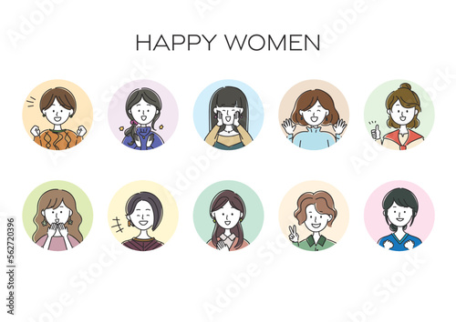 嬉しい、楽しい、喜ぶ女性のアバター、シンプルなアイコンセット