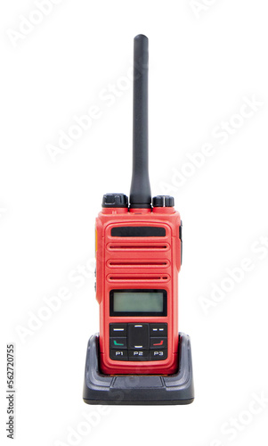 Walkie talkie radio red gadget portable station with battery charger. Receiving-transmitting device designed for operational communication. Isolated cutout PNG background. Concept modern technologie.