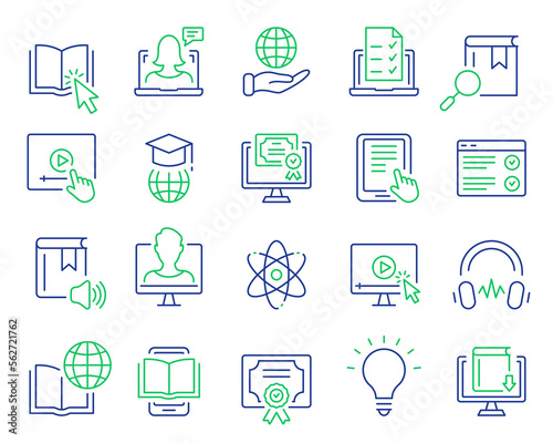 E-learning, Online and Distance Education Line Icon. Online Training, Webinar, Education, Course, Elearning, Conference, Exam. Online Education Line Icons Set. Editable Stroke. Vector illustration