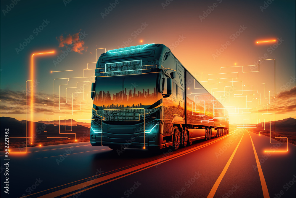 Truck on the road at sunset. Generative AI.