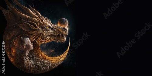 Beautiful celestial dragon with her (female) dragon rider. Character for your board games, fantasy. Generative art, ai. photo