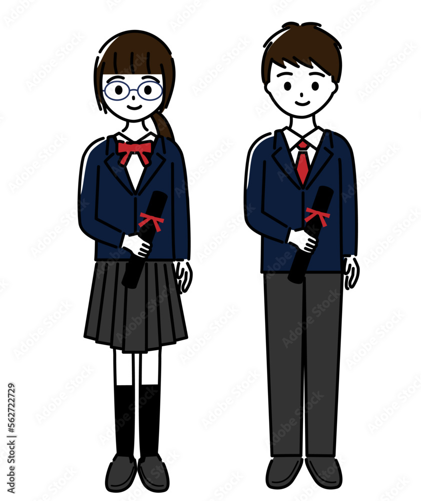 中学校や高校の卒業式で卒業証書の筒を手に持つ制服姿の男子と女子のセット