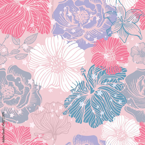 Cute Hand drawn flowers. Seamless pastel pattern with flowers. pink flowers. Pattern for textiles, clothing, wrapping paper and more 