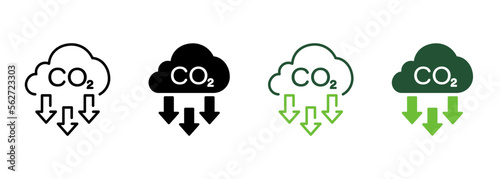 Reduction Greenhouse CO2 with Cloud Emission Line and Silhouette Icon Color Set. Carbon Dioxide Pollution in Air. Atmosphere Contamination Symbol Collection. Isolated Vector Illustration
