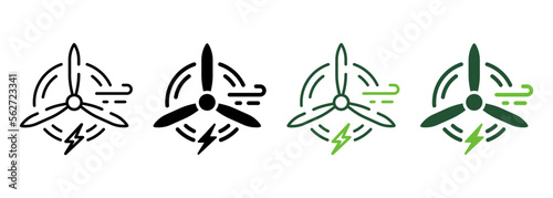 Eco Wind Turbine Green Energy Line and Silhouette Icon Color Set. Wind Mill Renewable Power Pictogram. Ecological Windmill Symbol Collection on White Background. Isolated Vector Illustration