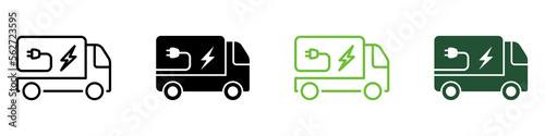 Vehicle Transport with Eco Green Electricity Power Line and Silhouette Icon Color Set. Electric Van Pictogram. Ecology Energy Truck Symbol Collection on White Background. Isolated Vector Illustration