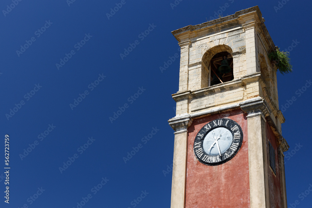 Close-up Clock tower in the old fortress in Kerkyra, Corfu, Greece.