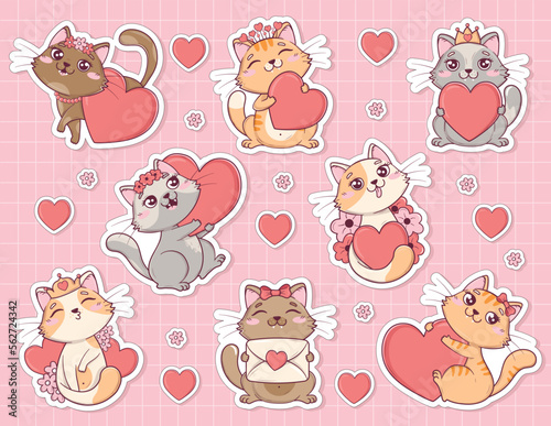 Bundle of stickers for notes and cards with kawaii cute valentine cats in different poses with hearts and flowers
