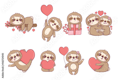 Clipart set with funny sloths in love, hugging, with gifts and hearts for Valentine's Day