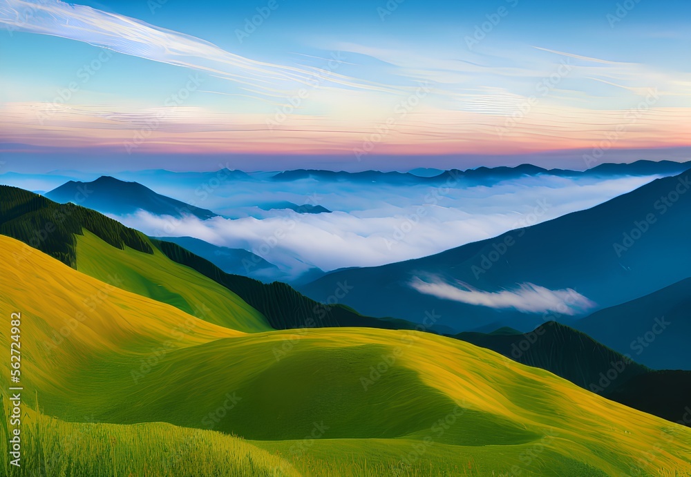 Obraz premium Generative AI,scenic view of landscape against sky during sunset