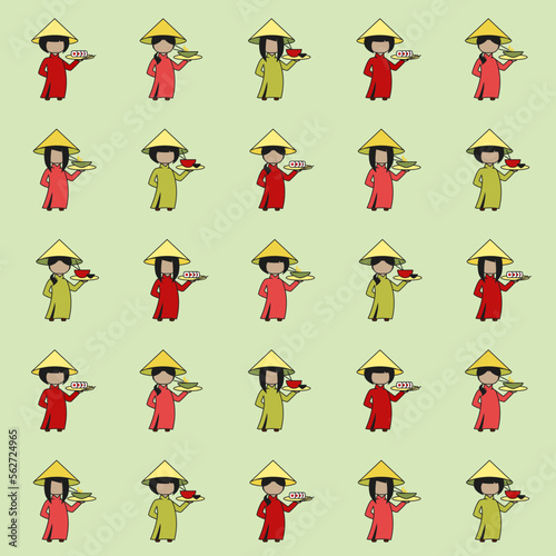 Asian waitresses with national dishes in yellow hats