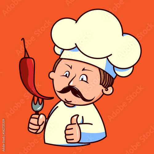 A Latin American chef in a white suit holds a chili pepper on a fork