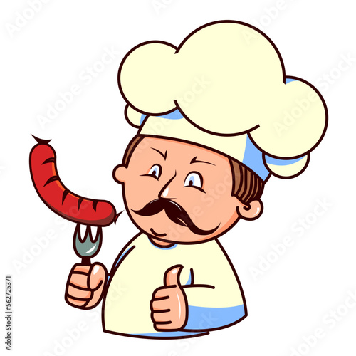 Hispanic cook holding a sausage on a fork